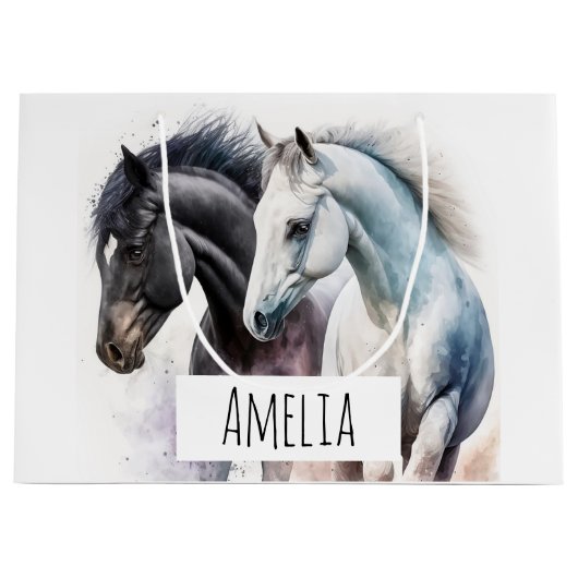Schwarz-Weiß-Pferde in Wasserfarbe Große Geschenktüte (Vorderseite)