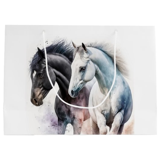 Schwarz-Weiß-Pferde in Wasserfarbe Große Geschenktüte (Rückseite)