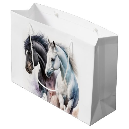 Schwarz-Weiß-Pferde in Wasserfarbe Große Geschenktüte (Rückseite Schrägansicht)