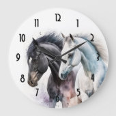 Schwarz-Weiß-Pferde in Wasserfarbe Große Wanduhr (Vorderseite)