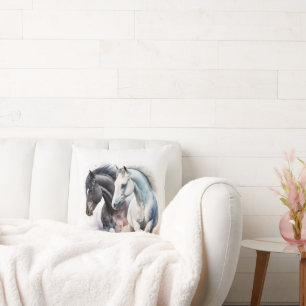 Schwarz-Weiß-Pferde in Wasserfarbe Kissen