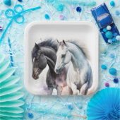 Schwarz-Weiß-Pferde in Wasserfarbe Pappteller (Party)