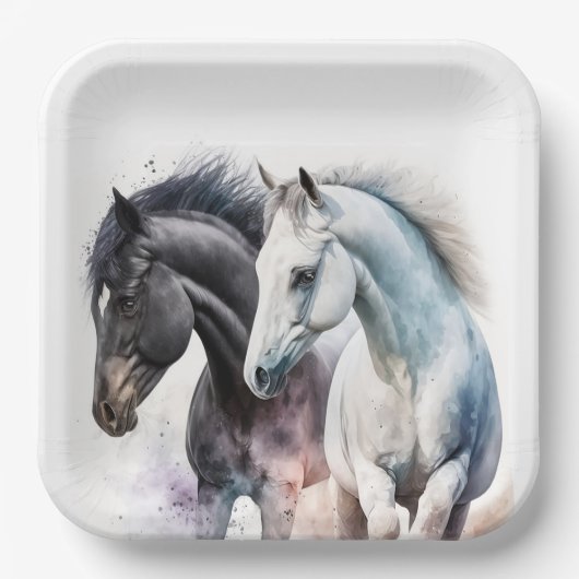 Schwarz-Weiß-Pferde in Wasserfarbe Pappteller (Vorderseite)