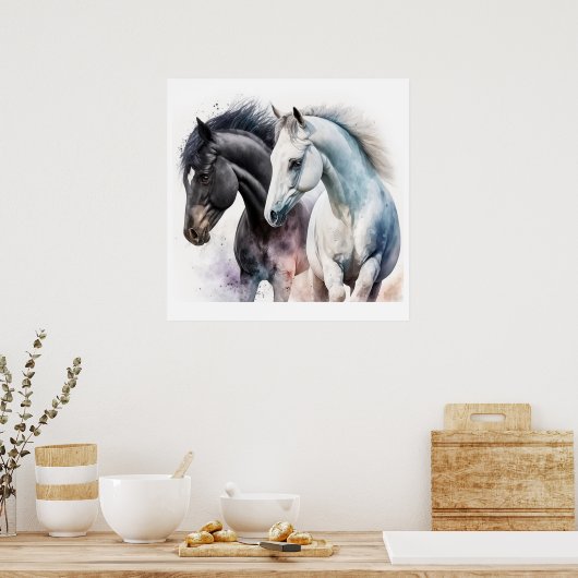 Schwarz-Weiß-Pferde in Wasserfarbe Poster (Küche)