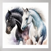 Schwarz-Weiß-Pferde in Wasserfarbe Poster (Vorne)