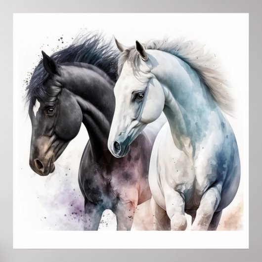 Schwarz-Weiß-Pferde in Wasserfarbe Poster (Vorne)