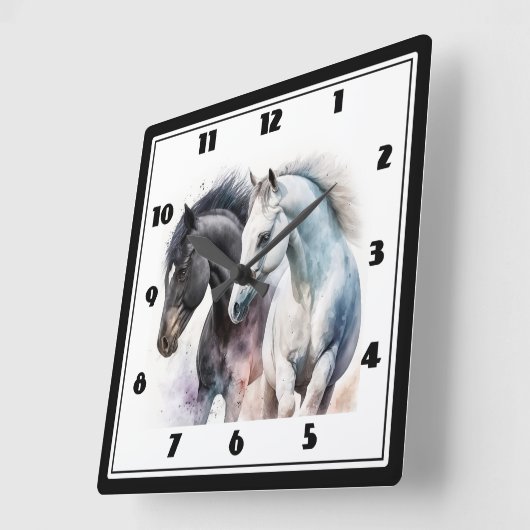 Schwarz-Weiß-Pferde in Wasserfarbe Quadratische Wanduhr (Winkel)