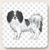 Schwarz-Weiß-Phalène-Hund auf grauem Pfotenmuster Getränkeuntersetzer (Vorderseite)