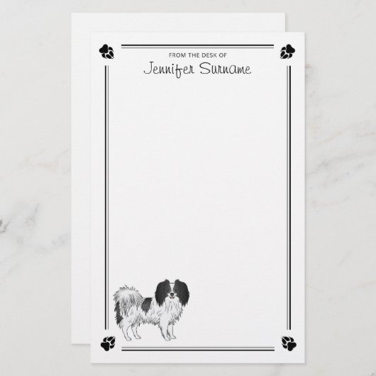 Schwarz-Weiß-Phalène mit Pfoten und Text Briefpapier (Vorne/Hinten)