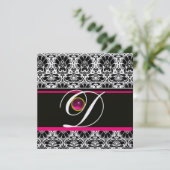 SCHWARZ-WEISS PINK DAMASK MONOGRAM Amethyst Eis Einladung (Stehend Vorderseite)