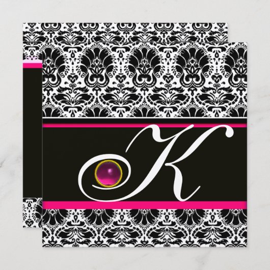 SCHWARZ-WEISS PINK DAMASK MONOGRAM Amethyst Metall Einladung (Vorne/Hinten)