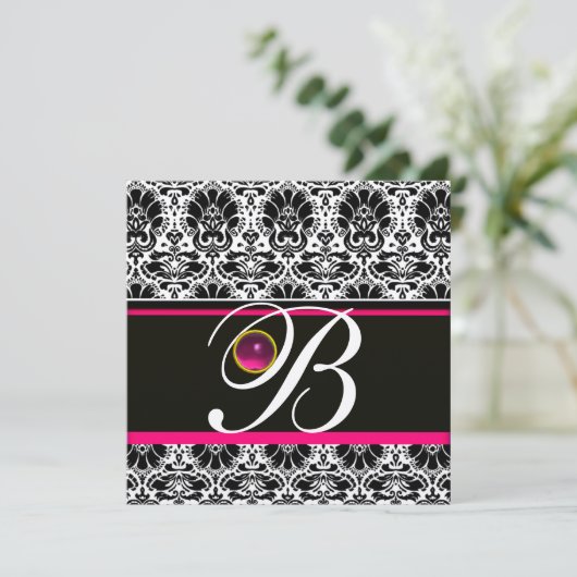 SCHWARZ-WEISS PINK DAMASK MONOGRAM Amethyst Silver Einladung (Stehend Vorderseite)
