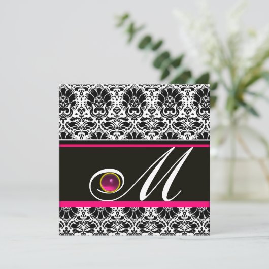 SCHWARZ-WEISS PINK FUCHSIA DAMASK MONOGRAM Amethys Einladung (Stehend Vorderseite)