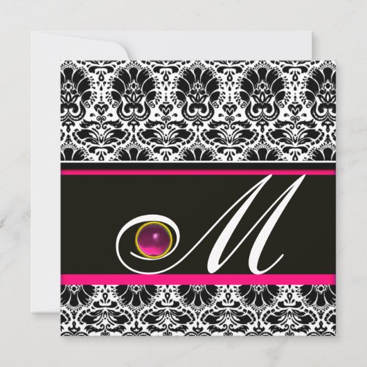 SCHWARZ-WEISS PINK FUCHSIA DAMASK MONOGRAM Amethys Einladung (Vorderseite)