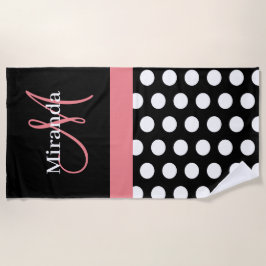 Schwarz-weiß Pink Monogram Script Polka Dot Beach  Strandtuch