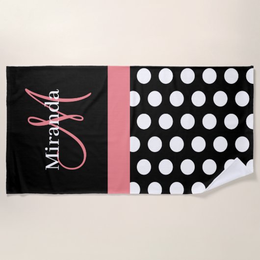 Schwarz-weiß Pink Monogram Script Polka Dot Beach Strandtuch (Vorderseite)