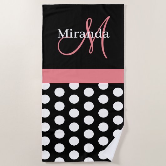 Schwarz-weiß Pink Monogram Script Polka Dot Beach Strandtuch (Vorderseite)