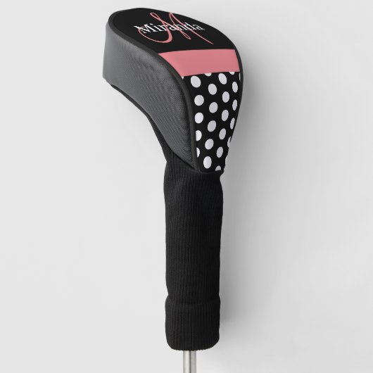 Schwarz-weiß Pink Monogram Script Polka Dot Golf H Headcover (angewinkelt)