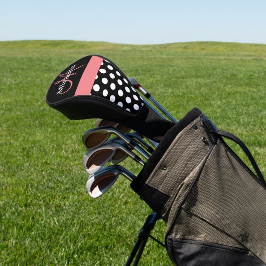 Schwarz-weiß Pink Monogram Script Polka Dot Golf H Headcover (In SItu)