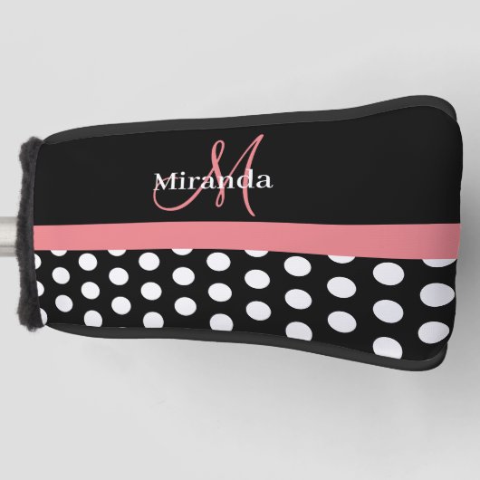 Schwarz-weiß Pink Monogram Script Polka Dot Golf Headcover (Vorderseite)