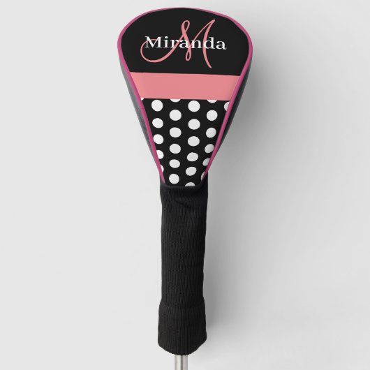 Schwarz-weiß Pink Monogram Script Polka Dot Golf Headcover (Vorderseite)