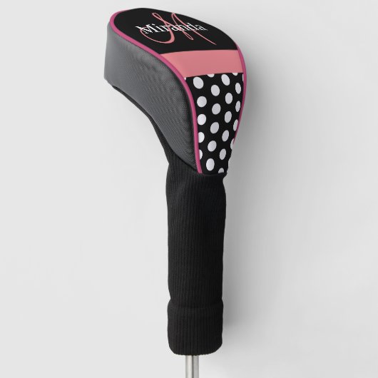 Schwarz-weiß Pink Monogram Script Polka Dot Golf Headcover (angewinkelt)