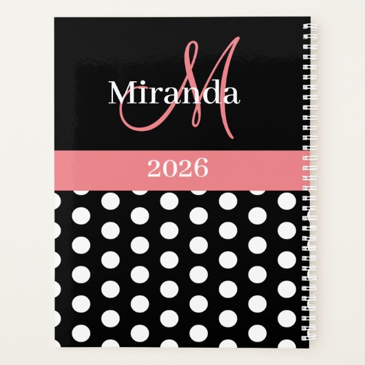 Schwarz-weiß Pink Monogram Script Polka Dot Planer (Rückseite)