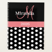 Schwarz-weiß Pink Monogram Script Polka Dot Planer (Vorderseite)