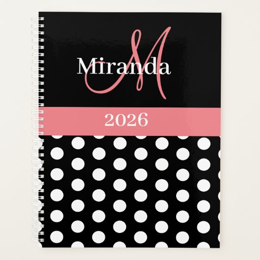 Schwarz-weiß Pink Monogram Script Polka Dot Planer (Vorderseite)