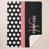 Schwarz-weiß Pink Monogram Script Polka Dot Sherpadecke (Vorderseite)