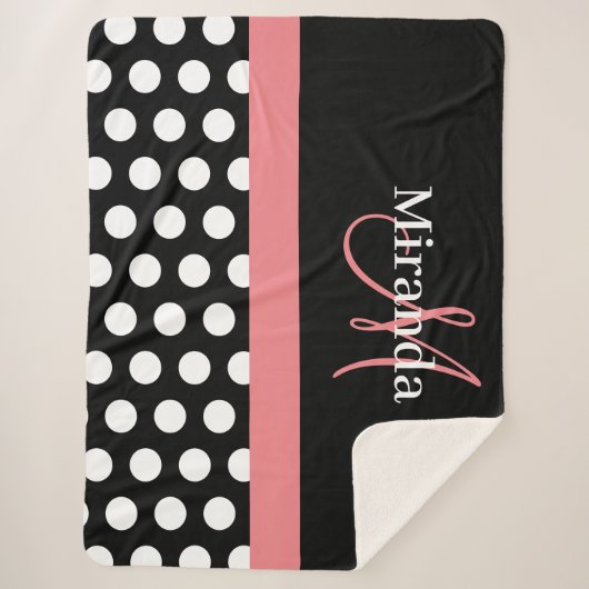 Schwarz-weiß Pink Monogram Script Polka Dot Sherpadecke (Vorderseite)