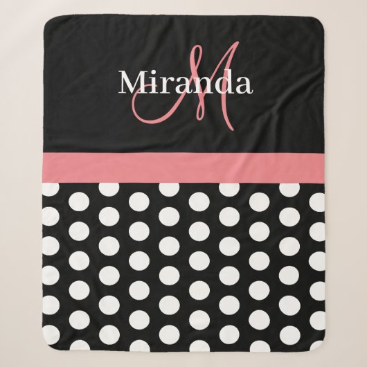 Schwarz-weiß Pink Monogram Script Polka Dot Sherpadecke (Vorderseite)