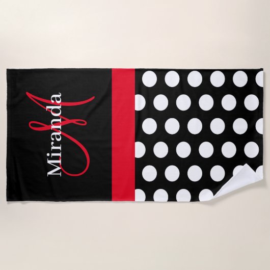 Schwarz-weiß Pink Monogram Script Polka Dot Strandtuch (Vorderseite)