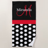 Schwarz-weiß Pink Monogram Script Polka Dot Strandtuch (Vorderseite)