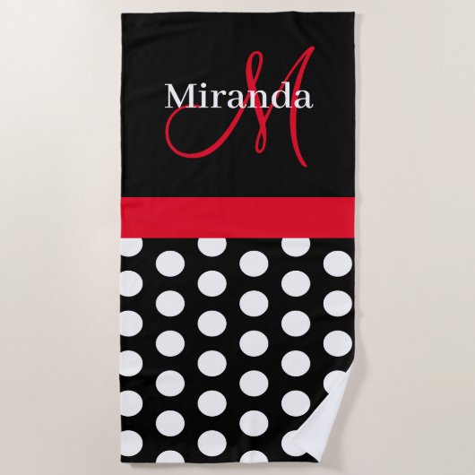 Schwarz-weiß Pink Monogram Script Polka Dot Strandtuch (Vorderseite)