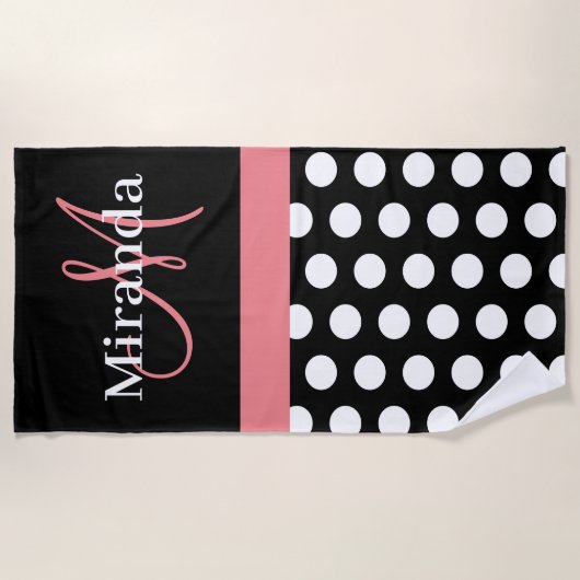 Schwarz-weiß Pink Monogram Script Polka Dot Strandtuch (Vorderseite)