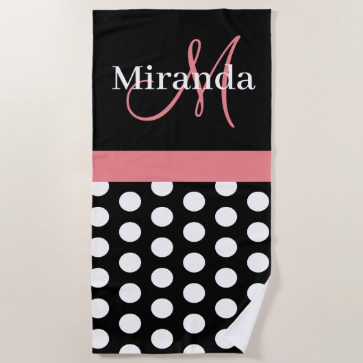 Schwarz-weiß Pink Monogram Script Polka Dot Strandtuch (Vorderseite)