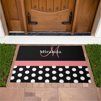Schwarz-weiß Pink Monogram Script Polka Fußmatte