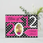 Schwarz-weiß Pink Polka Dot Foto Abschluss laden Einladung (Stehend Vorderseite)