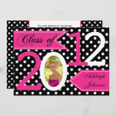 Schwarz-weiß Pink Polka Dot Foto Abschluss laden Einladung (Vorne/Hinten)