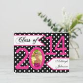 Schwarz-weiß Pink Polka Dot Foto Grad Einladung 2 (Stehend Vorderseite)