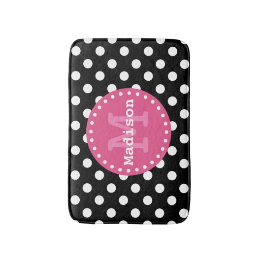 Schwarz-weiß-Pink-Polka-Dots-Monogramm Badematte (Vorderseite Vertikal)