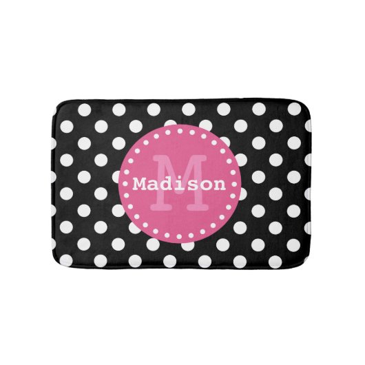 Schwarz-weiß-Pink-Polka-Dots-Monogramm Badematte (Vorderseite)