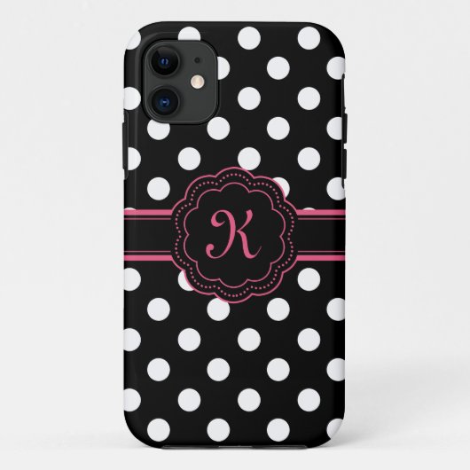 Schwarz-weiß-Pink-Polka-Dots-Monogramm Case-Mate iPhone Hülle (Rückseite)