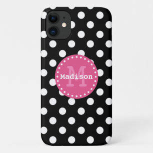Schwarz-weiß-Pink-Polka-Dots-Monogramm Case-Mate iPhone Hülle