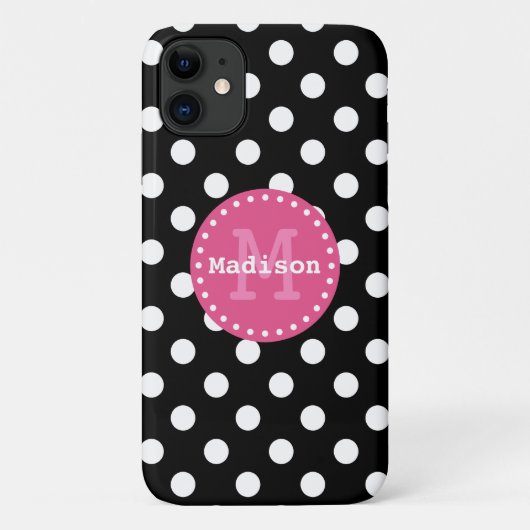 Schwarz-weiß-Pink-Polka-Dots-Monogramm Case-Mate iPhone Hülle (Rückseite)