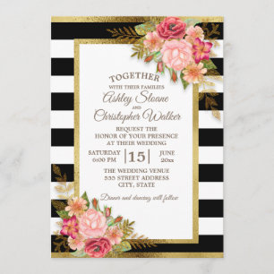 Schwarz Weiß Pink Rot Floral Gold Hochzeit Einladung