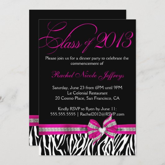 Schwarz-weiß Pink Zebra Abschluss Einladung (Vorne/Hinten)