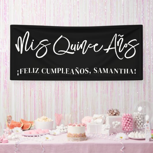 Schwarz-Weiß-Pinselskript Mis Quince Años Banner (Party)