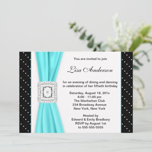Schwarz-weiß Polka Dot Aquamarin Diamond 50. Gebur Einladung (Stehend Vorderseite)